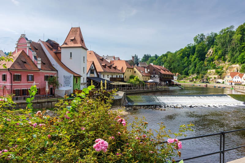 CESKY KRUMLOV, CZECH REPUBLIC, 1 AUGUST 2020: view down the river. CESKY KRUMLOV, CZECH REPUBLIC, 1 AUGUST 2020: view down the river