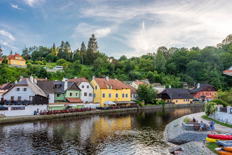 CESKY KRUMLOV, CZECH REPUBLIC, 1 AUGUST 2020: view of the river at dusk. CESKY KRUMLOV, CZECH REPUBLIC, 1 AUGUST 2020: view of the river at dusk