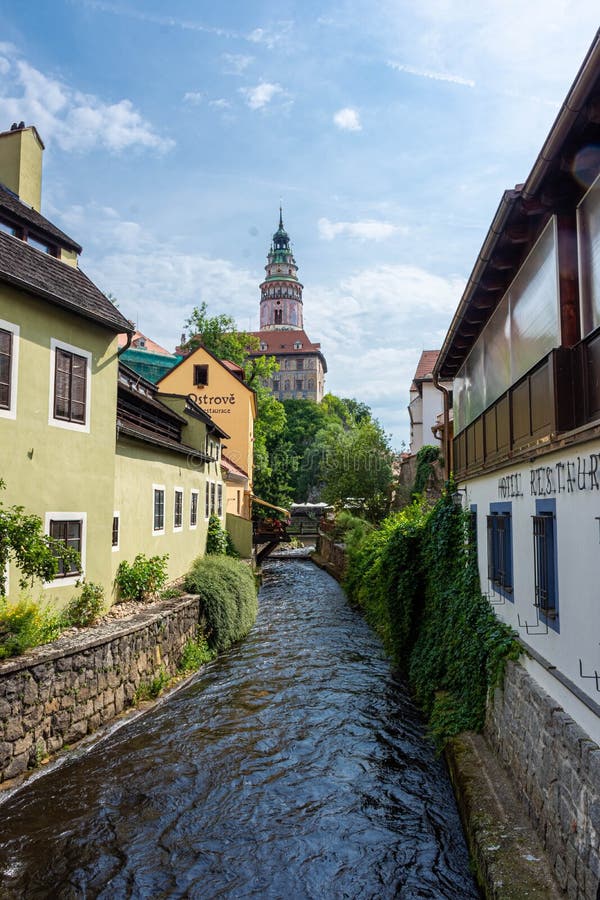 CESKY KRUMLOV, CZECH REPUBLIC, 1 AUGUST 2020: canal in the historic center. CESKY KRUMLOV, CZECH REPUBLIC, 1 AUGUST 2020: canal in the historic center