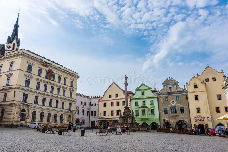 CESKY KRUMLOV, CZECH REPUBLIC, 1 AUGUST 2020: beautiful square in the historic center. CESKY KRUMLOV, CZECH REPUBLIC, 1 AUGUST 2020: beautiful square in the historic center