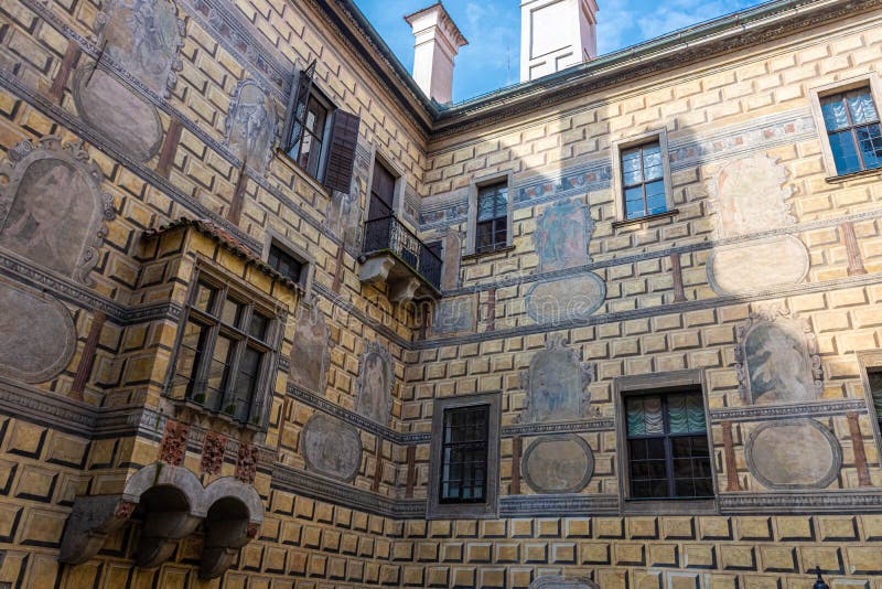 CESKY KRUMLOV, CZECH REPUBLIC, 1 AUGUST 2020: beautiful painted walls of the royal palace. CESKY KRUMLOV, CZECH REPUBLIC, 1 AUGUST 2020: beautiful painted walls of the royal palace