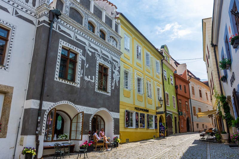 CESKY KRUMLOV, CZECH REPUBLIC, 1 AUGUST 2020: colorful architecture in the street of the center. CESKY KRUMLOV, CZECH REPUBLIC, 1 AUGUST 2020: colorful architecture in the street of the center