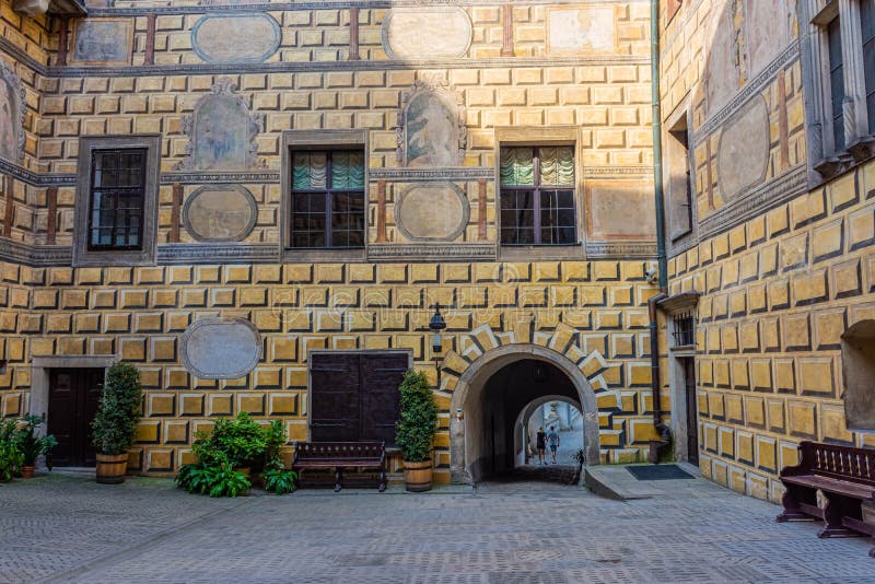 CESKY KRUMLOV, CZECH REPUBLIC, 1 AUGUST 2020: beautiful painted walls of the royal palace. CESKY KRUMLOV, CZECH REPUBLIC, 1 AUGUST 2020: beautiful painted walls of the royal palace