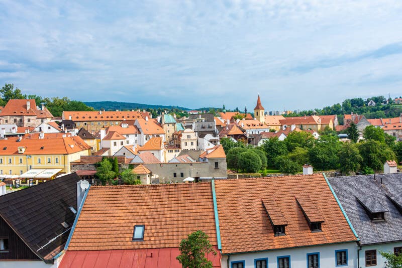 CESKY KRUMLOV, CZECH REPUBLIC, 1 AUGUST 2020: the rooftops of the historic center. CESKY KRUMLOV, CZECH REPUBLIC, 1 AUGUST 2020: the rooftops of the historic center