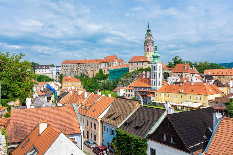 CESKY KRUMLOV, CZECH REPUBLIC, 1 AUGUST 2020: the rooftops of the historic center. CESKY KRUMLOV, CZECH REPUBLIC, 1 AUGUST 2020: the rooftops of the historic center