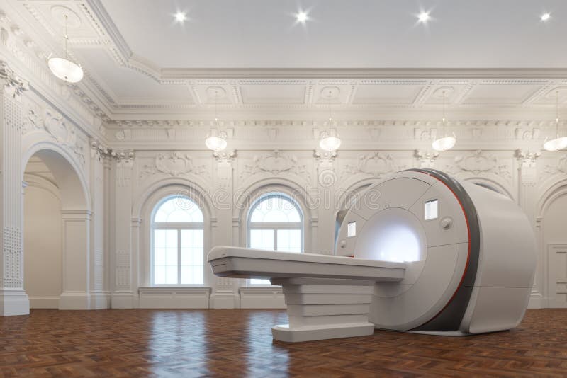 Классический интерьер зала и магниторезонансная imaging машина 3d представить иллюстрация вектора