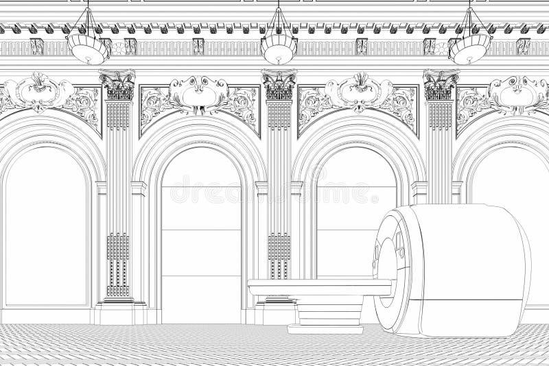 Классический интерьер зала и магниторезонансный imaging миниатюру 3d машины представить иллюстрация штока