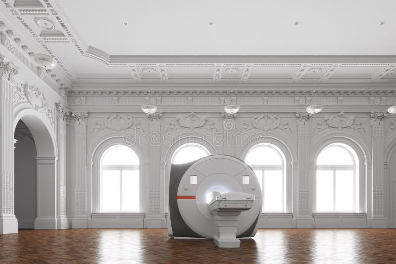 Классический интерьер и 3d представить магниторезонансная imaging машина иллюстрация штока