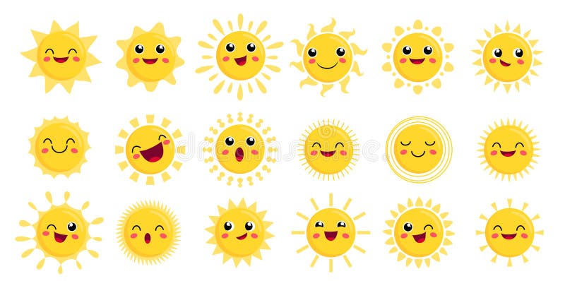 Клипарт Sun happy. Символы смайликов солнечного света в милой жёлтой графике с различными лучами иллюстрация вектора