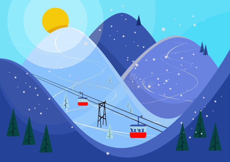 Клёвый пастельный плакат на лыжах Cartoon Горный курорт с горнолыжными подъемниками, склонами иллюстрация вектора