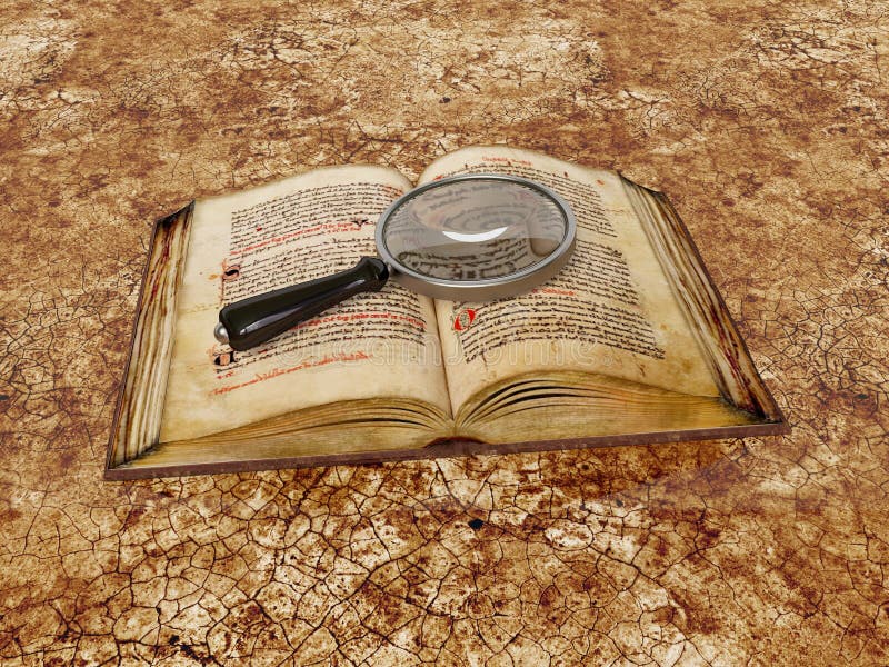Old book with loupe on brown background. Old book with loupe on brown background