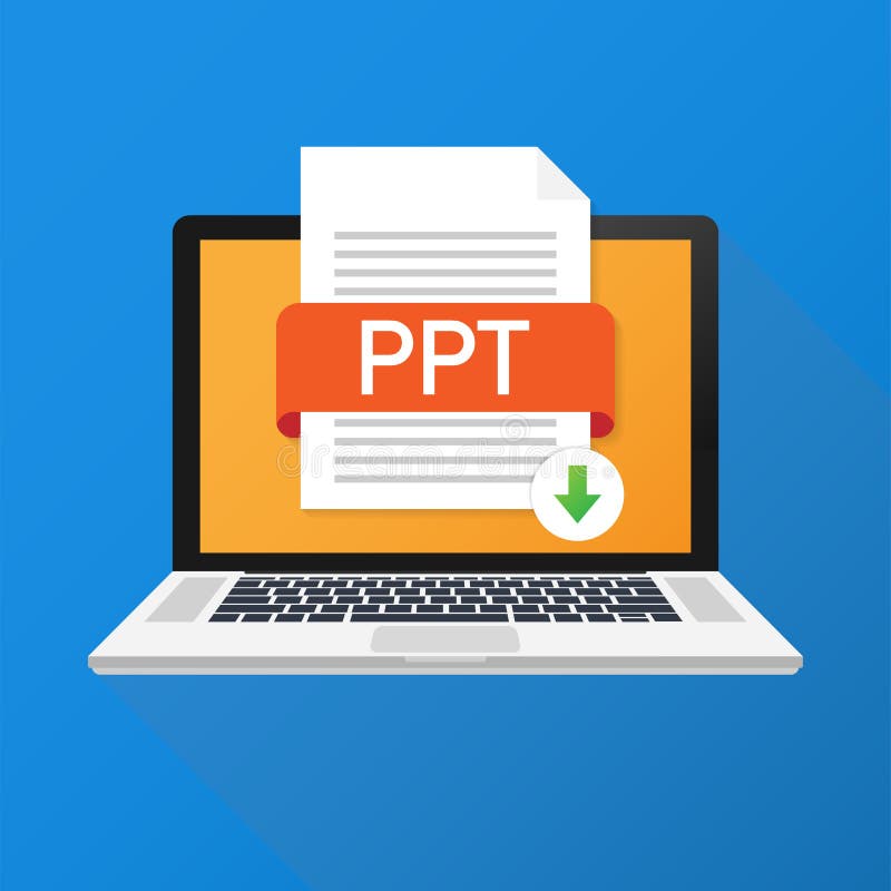 Кнопка загрузки PPT на экране компьтер-книжки Концепция документа загрузки Файл с ярлыком PPT и вниз знаком стрелки также вектор иллюстрация штока Кнопка загрузки PPT на экране компьтер-книжки Концепция документа загрузки Файл с ярлыком PPT и вниз знаком стрелки также вектор иллюстрация штока