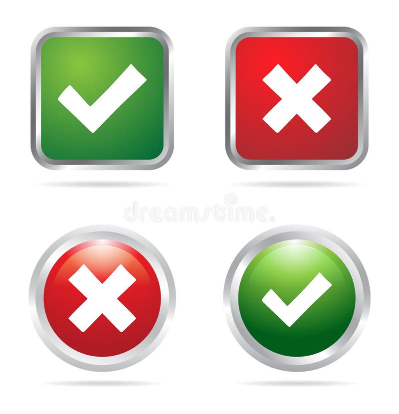 Illustration of tick and Cross buttons in green and red colors. Illustration of tick and Cross buttons in green and red colors