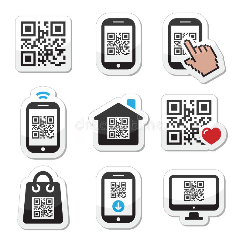 Код QR на установленных значках черни или сотового телефона иллюстрация вектора Код QR на установленных значках черни или сотового телефона иллюстрация вектора