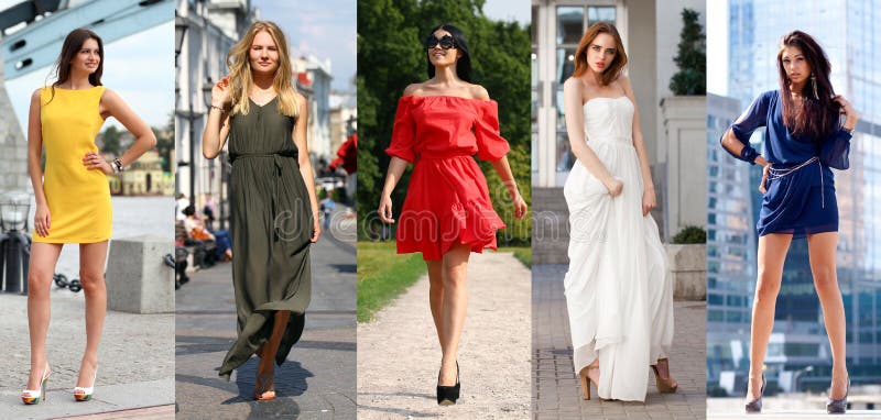 Collage of five beautiful models in colored summer dresses, outdoors street fashion. Collage of five beautiful models in colored summer dresses, outdoors street fashion