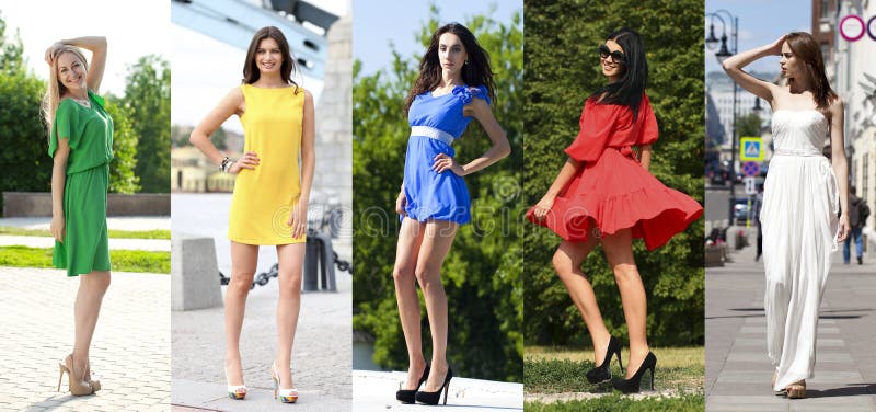 Collage of five beautiful models in colored summer dresses, outdoors street fashion. Collage of five beautiful models in colored summer dresses, outdoors street fashion