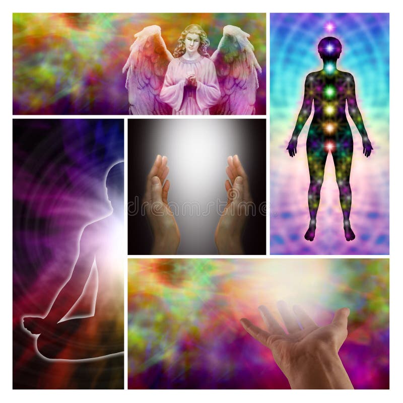 A collage of five holistic images showing an Angel, chakra diagram, lotus position and healing hands on vibrantly colored backgrounds. A collage of five holistic images showing an Angel, chakra diagram, lotus position and healing hands on vibrantly colored backgrounds