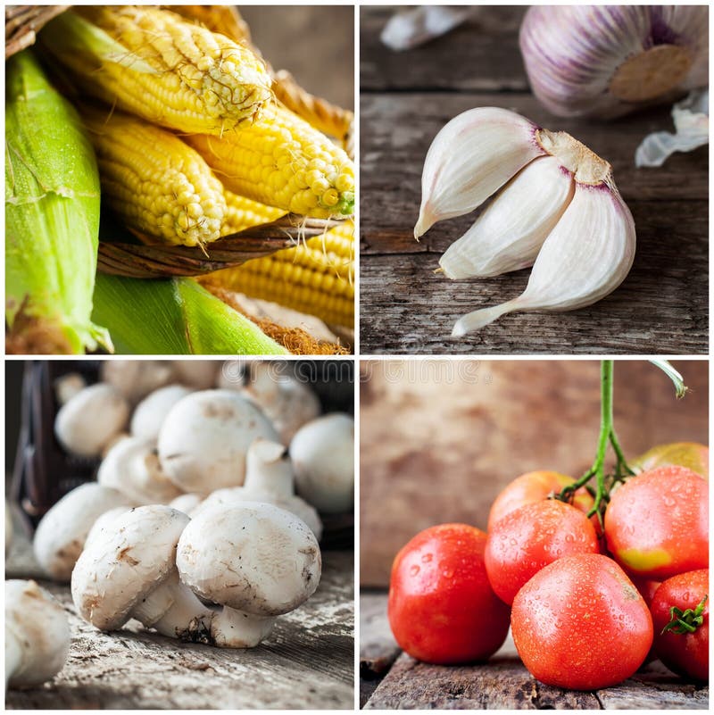 Коллаж свежих овощей. Corns, грибы, томаты и garl стоковое фото rf Коллаж свежих овощей. Corns, грибы, томаты и garl стоковое фото rf
