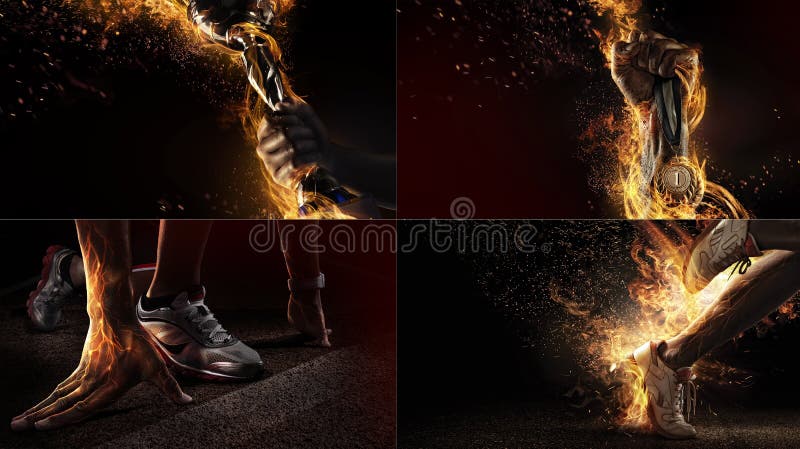 Sports background. Sport collage with fire and energy. Sports background. Sport collage with fire and energy