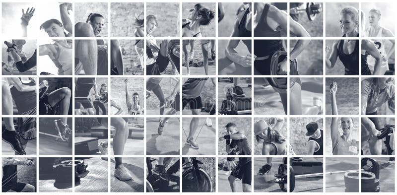 Collage of sport photos with people as backgorund. Collage of sport photos with people as backgorund