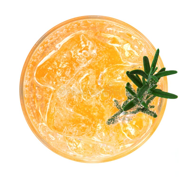 Orange juice soda cocktail with rosemary top view isolated on white background, clipping path included. Orange juice soda cocktail with rosemary top view isolated on white background, clipping path included