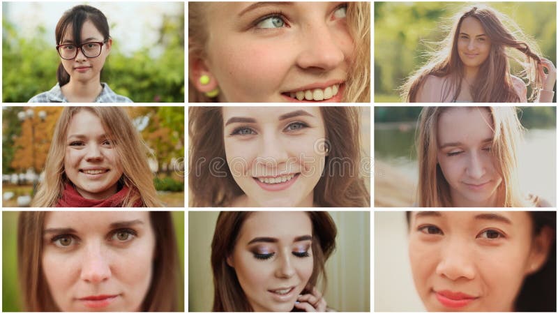 Коллаж 9 молодых красивых международных девушек русского и азиатского возникновения