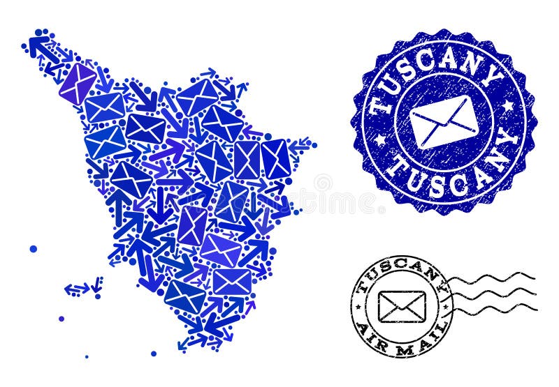 Коллаж связи почты карты мозаики печатей области и дистресса Тосканы иллюстрация вектора Коллаж связи почты карты мозаики печатей области и дистресса Тосканы иллюстрация вектора