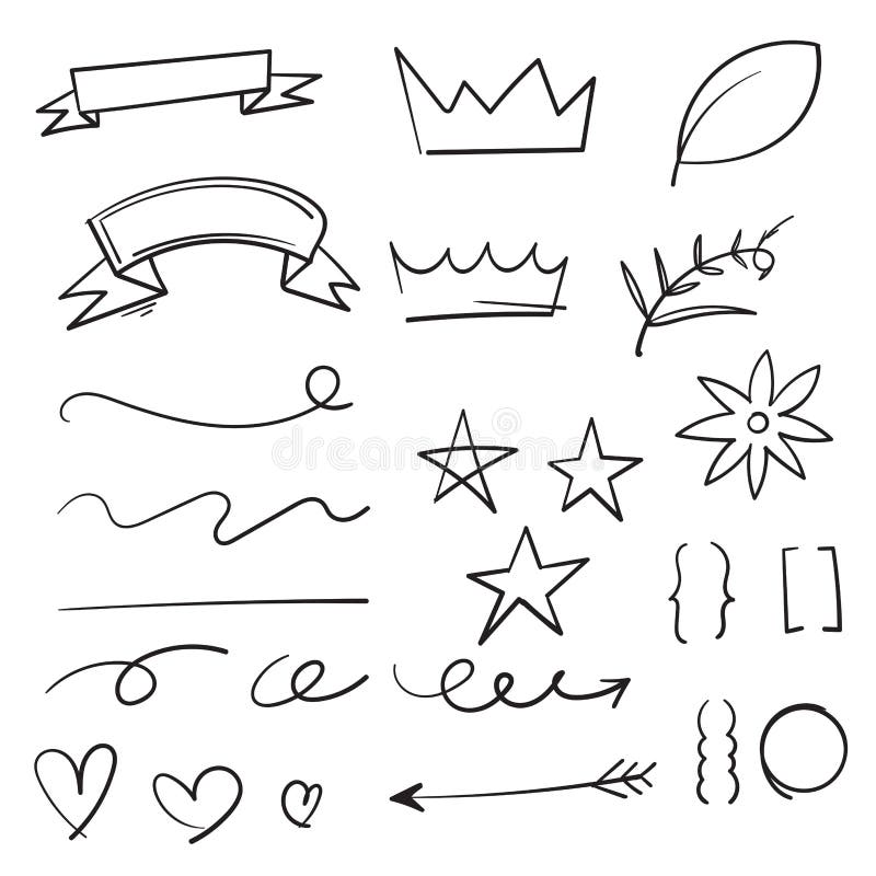Коллекция винтажных декоративных doodles. Стрелки плана ленты руки вычерченные и оформление карт праздников каракули. Сердце цвето иллюстрация штока
