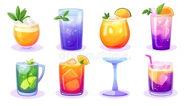 Коллекция из восьми ярких алкогольных напитков, каждый из которых уникально украшен для вечеринки. бесплатная иллюстрация