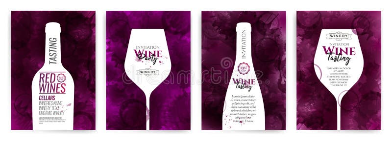 Collection of templates with wine designs. Brochures; posters; invitation cards; promotion banners; menus. Wine stains background. Vector illustration. Layered. Collection of templates with wine designs. Brochures; posters; invitation cards; promotion banners; menus. Wine stains background. Vector illustration. Layered