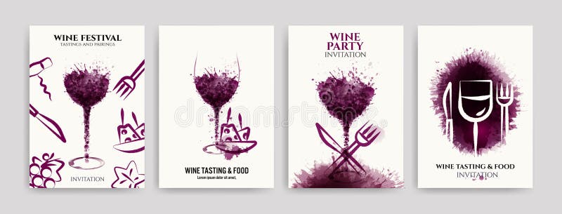 Collection of templates with wine designs, illustration of wine glasses with spots and food symbols. Brochures, posters, invitations, promotional banners, menus. Vector illustration. Collection of templates with wine designs, illustration of wine glasses with spots and food symbols. Brochures, posters, invitations, promotional banners, menus. Vector illustration