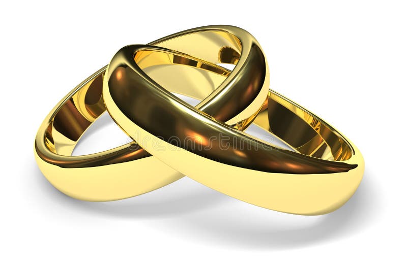 Linked gold wedding rings on white background. Linked gold wedding rings on white background