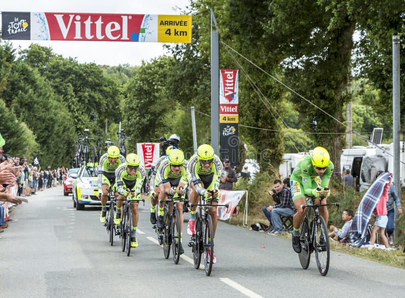 Plumelec, France - 12 July, 2015: Team Thinkoff Saxo riding the Team Time Trial stage between Plumelec and Vannes, during Tour de France on 12 July, 2015. Peter Sagan wears the Green Jersey. Plumelec, France - 12 July, 2015: Team Thinkoff Saxo riding the Team Time Trial stage between Plumelec and Vannes, during Tour de France on 12 July, 2015. Peter Sagan wears the Green Jersey.