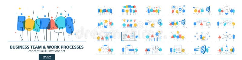 Командная работа в бизнесе. Плосковекторный набор офисных работников - мужчин и женщин. Стратегия корпоративного успеха бесплатная иллюстрация