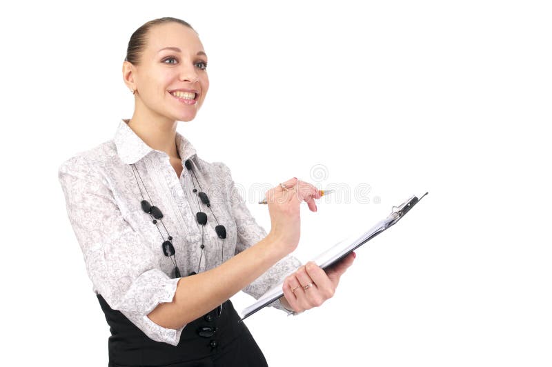 Cheerful businesswoman holding a clipboard and pen conducting a survey. Cheerful businesswoman holding a clipboard and pen conducting a survey