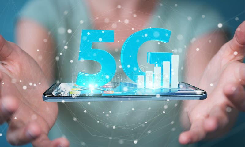 Коммерсантка используя сеть 5G с переводом мобильного телефона 3D бесплатная иллюстрация Коммерсантка используя сеть 5G с переводом мобильного телефона 3D бесплатная иллюстрация