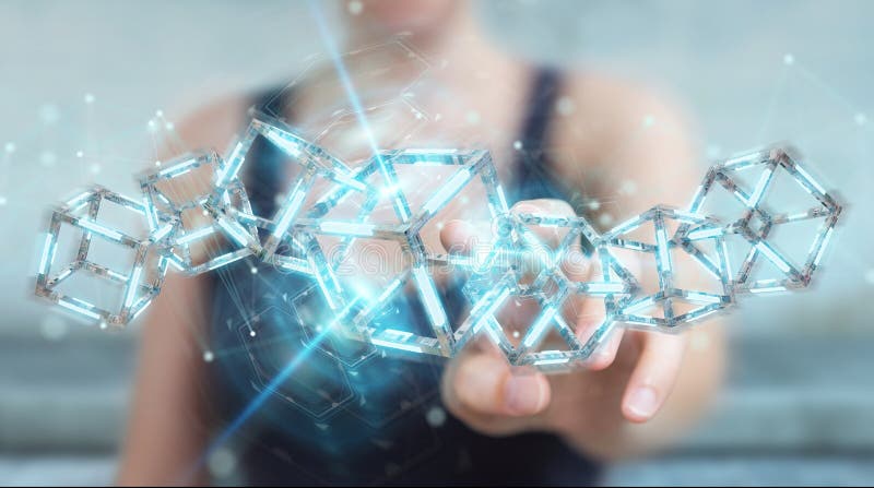 Коммерсантка используя цифровой голубой перевод Blockchain 3D иллюстрация вектора Коммерсантка используя цифровой голубой перевод Blockchain 3D иллюстрация вектора
