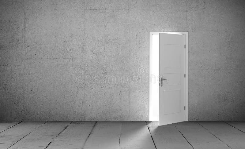 Open white door in a empty white room. 3D illustration. Open white door in a empty white room. 3D illustration