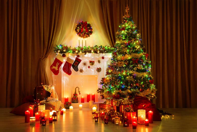 Christmas Tree in Room, Xmas Home Night Interior, Fireplace Lights Decoration, Hanging Socks. Christmas Tree in Room, Xmas Home Night Interior, Fireplace Lights Decoration, Hanging Socks