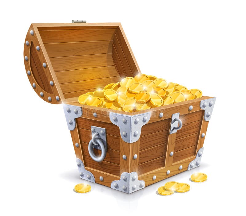 Vintage wooden chest with golden coin vector illustration on white background EPS10. Transparent objects and opacity masks used for shadows and lights drawing. Vintage wooden chest with golden coin vector illustration on white background EPS10. Transparent objects and opacity masks used for shadows and lights drawing