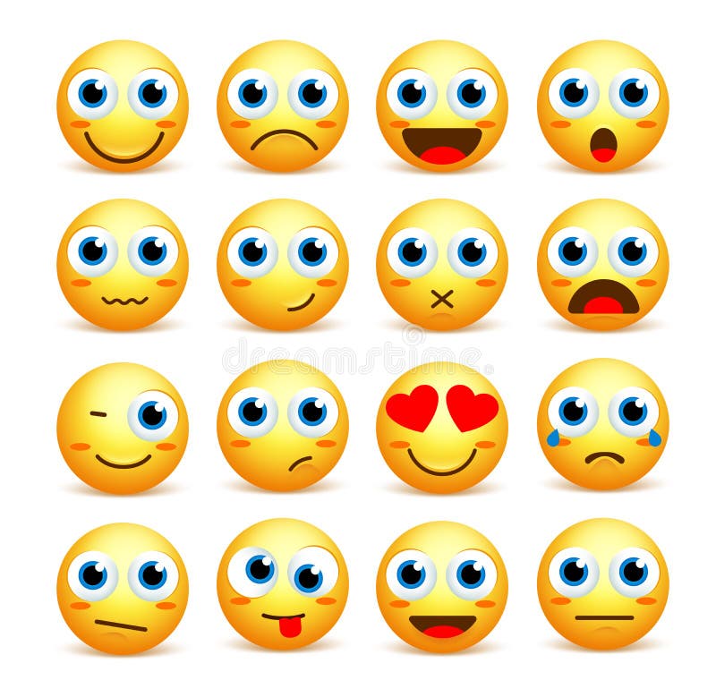 Комплект вектора стороны Smiley смайликов и значков в желтом цвете иллюстрация штока