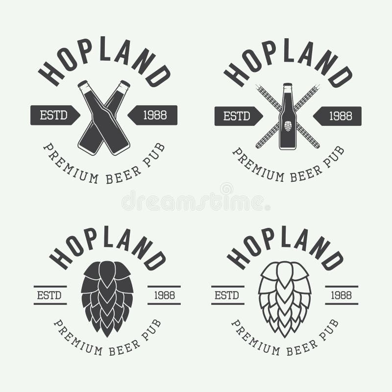 Set of vintage beer and pub vector logos, labels and emblems with bottles, hops, and wheat. Set of vintage beer and pub vector logos, labels and emblems with bottles, hops, and wheat