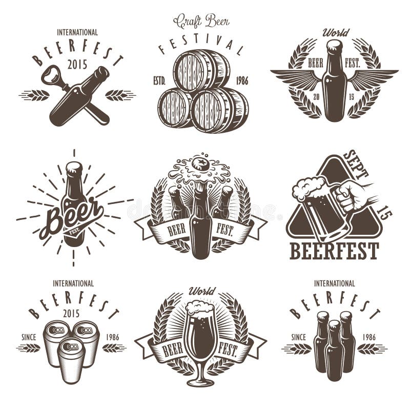 Set of vintage beer festival emblems, labels, logos, badges and designed elements. Monochrome style. on white background. Set of vintage beer festival emblems, labels, logos, badges and designed elements. Monochrome style. on white background