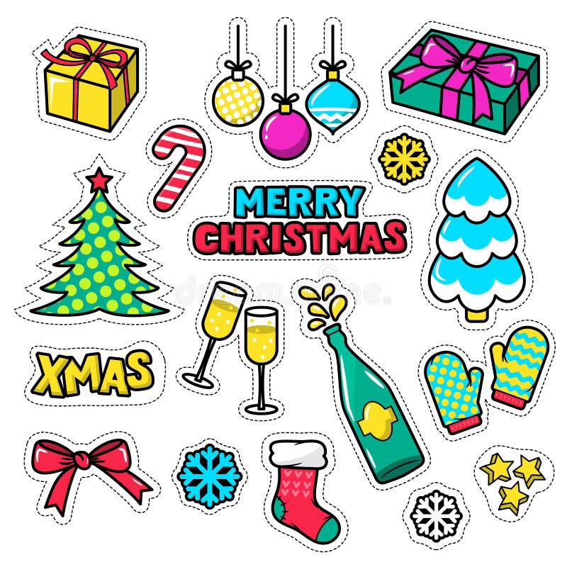 Комплект значков рождества, заплат, значков, стикеров, штырей Подарки xmas вектора иллюстрация штока Комплект значков рождества, заплат, значков, стикеров, штырей Подарки xmas вектора иллюстрация штока