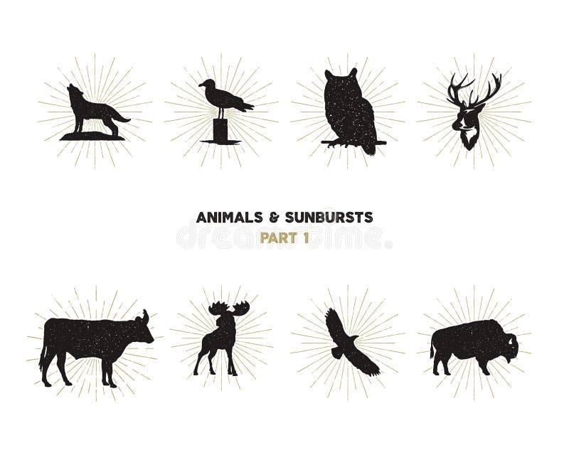 Комплект диаграмм и форм дикого животного с sunbursts на белой предпосылке Чернота silhouettes волк, олень, лоси бесплатная иллюстрация Комплект диаграмм и форм дикого животного с sunbursts на белой предпосылке Чернота silhouettes волк, олень, лоси бесплатная иллюстрация
