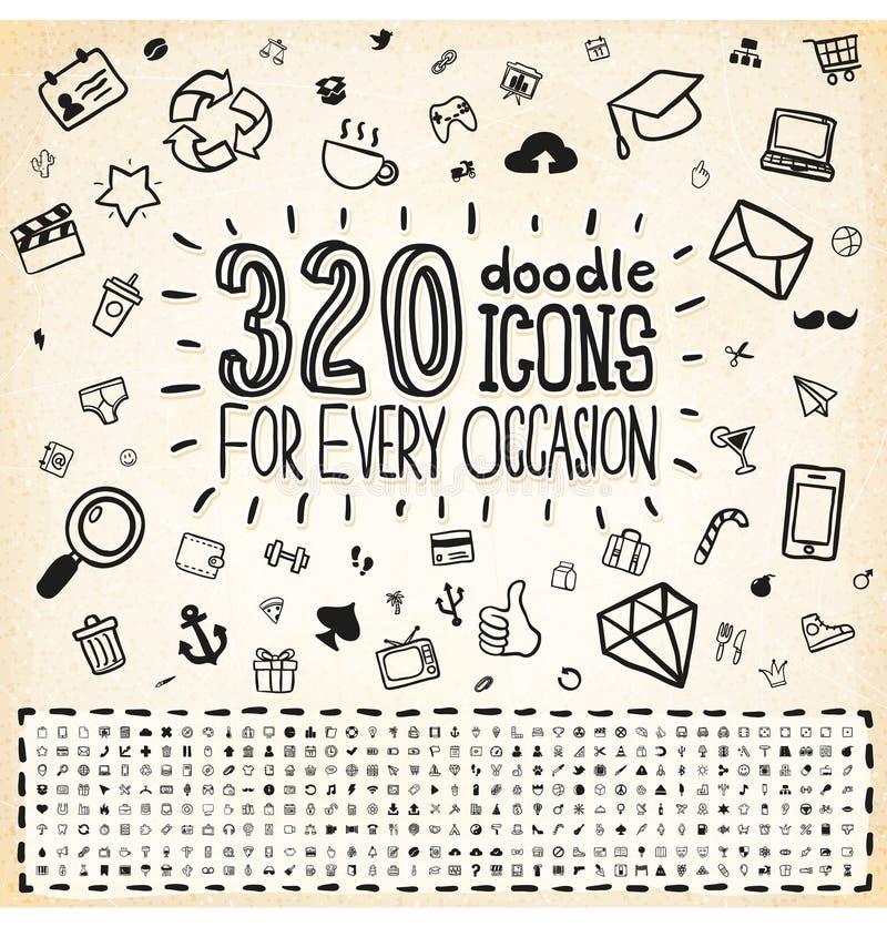 Комплект 320 икон Doodle всеобщий иллюстрация штока Комплект 320 икон Doodle всеобщий иллюстрация штока