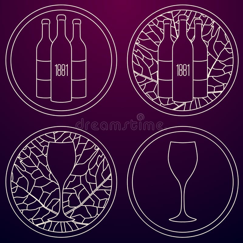 Set of linear logo for wine making, shop or winery on dark purple gradient background. Set of linear logo for wine making, shop or winery on dark purple gradient background