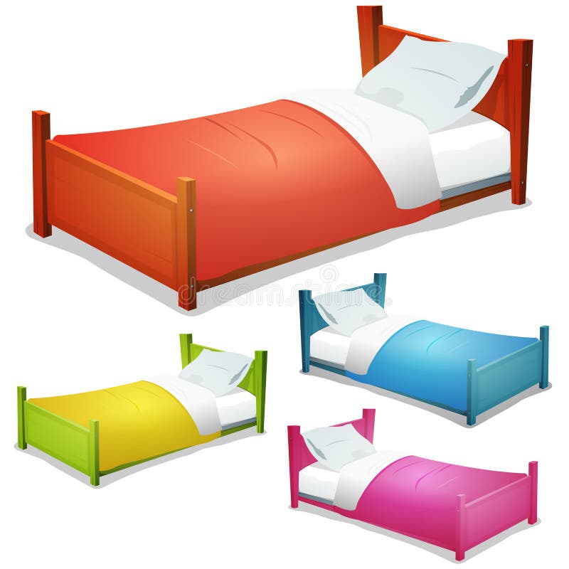 Illustration of a set of cartoon wood children beds for boys and girls with pillows and cover. Illustration of a set of cartoon wood children beds for boys and girls with pillows and cover