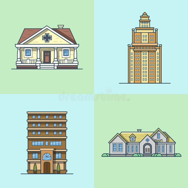 City town house architecture public building set. Linear stroke outline flat style vector icons. Multicolor icon collection. City town house architecture public building set. Linear stroke outline flat style vector icons. Multicolor icon collection.