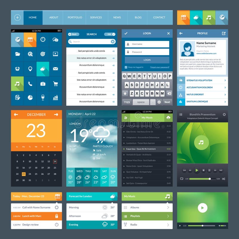 Комплект плоских элементов ui дизайна для передвижного app и бесплатная иллюстрация Комплект плоских элементов ui дизайна для передвижного app и бесплатная иллюстрация